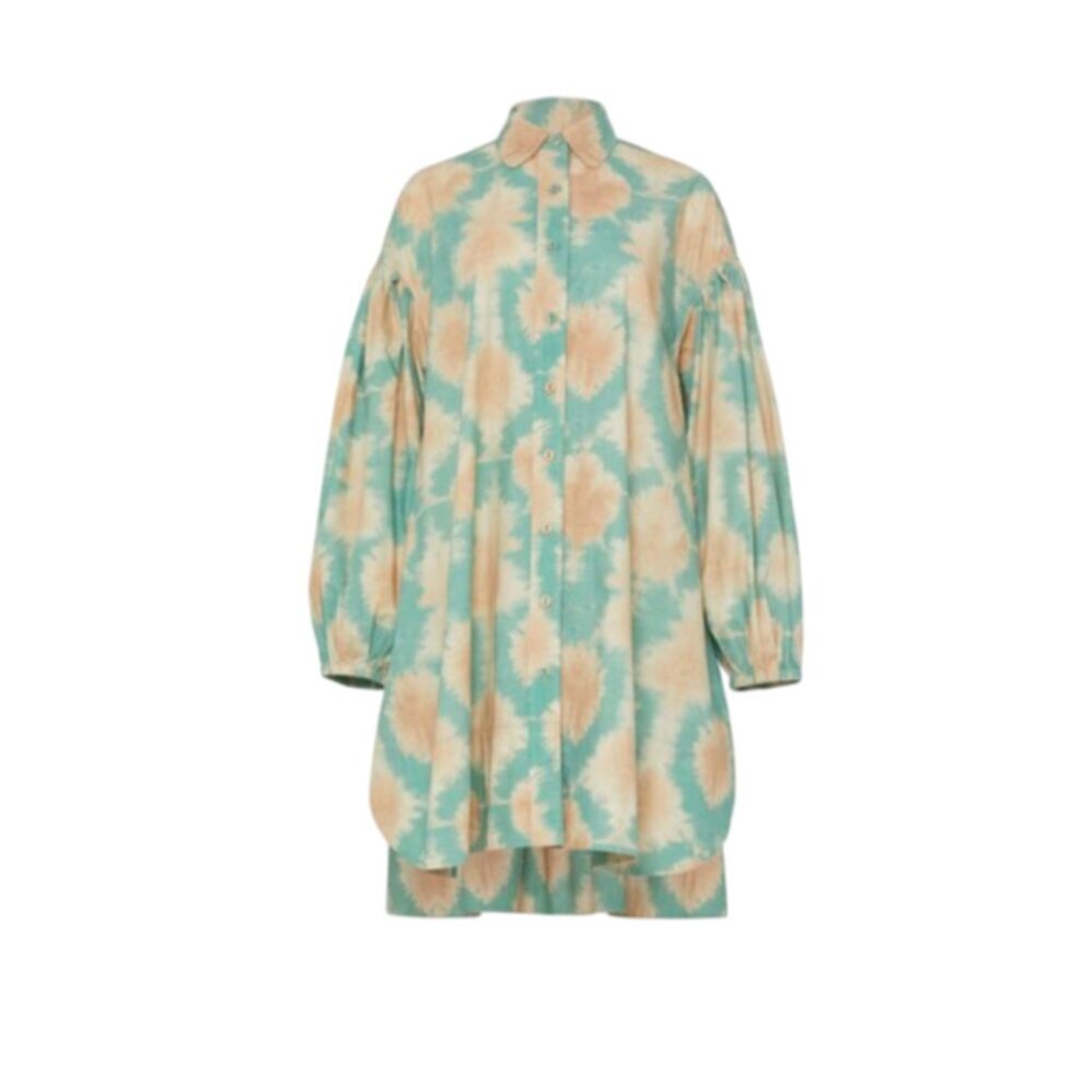 Ulla Johnson Alejandra Shirt Shift Dress Womens 6 Teal Green Tan Long Sleeve - Picture 2 of 12